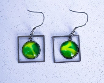 Nature Acrylic Paint Dangle Earrings - Handmade Square Jewelry for Mother's Day