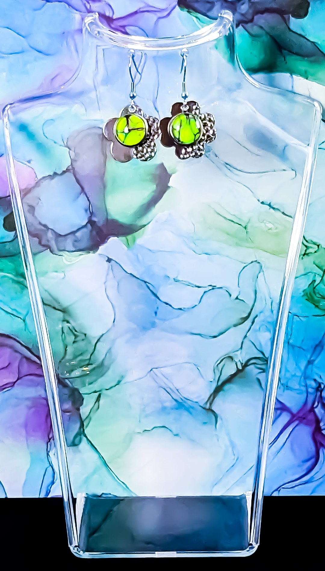 Enchanting Bloom Earring, Acrylic Paint Jewelry, Paint Pour Jewelry