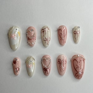 Pink Press On Nails / Swan Nails / Pink Swan Nails / Korean Nails / Coquette Nails / Chrome Nails / Bow Nails