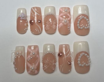 Pearl Press On Nails / Dreamy Nails / Simple Nails / Y2K Nails / French Tip Nails