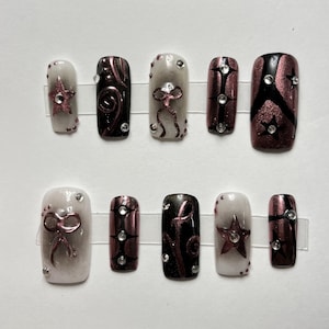 BlackPink Press On Nails / KPop Nails / Y2K Nails / Bow Nails / Star Nails