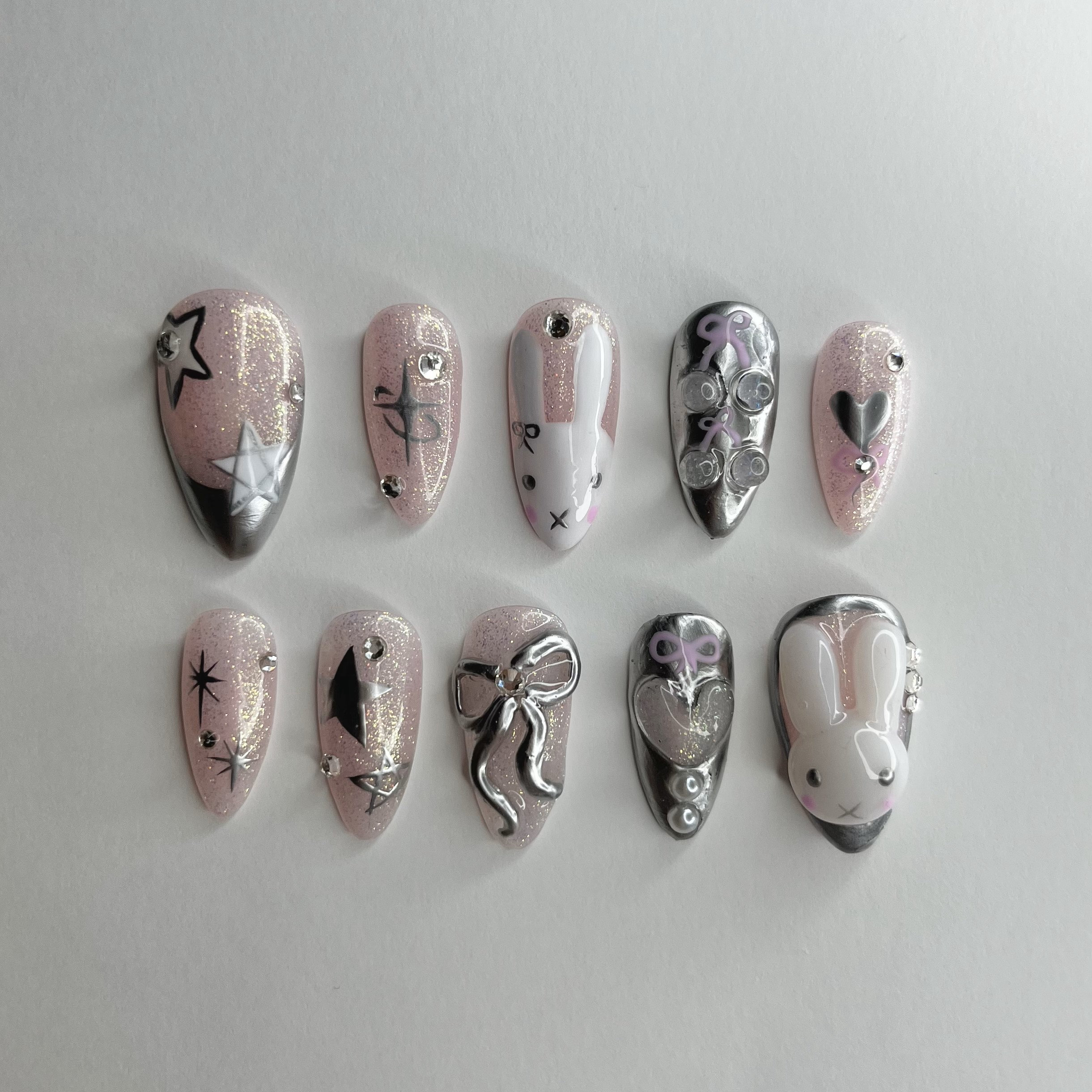 Miffy Press On Nails / Chrome Nails / Korean Nails / K-Pop Nails / Bow Nails / Coquette Nails / Star Nails
