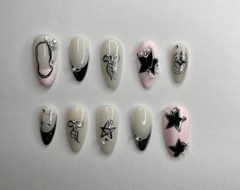 Bow Press On Nails / Cyberpunk Nails / Star Nails / Chrome Nails / K-Pop Nails / Cute Nails / Pink Nails