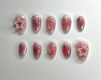 Handgefertigte Blush Press On Nails: Jelly K-Pop Stil