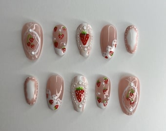 Strawberry Coquette Nails / Korean Nails / Kawaii Nails / Jelly Nails / Y2K Nails / Pink Nails