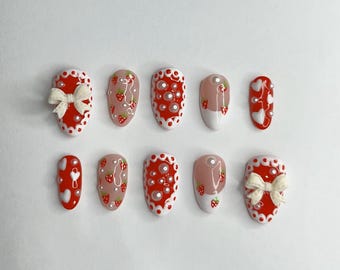 Strawberry Coquette Press On Nails / Fruit Nails / Y2K Nails