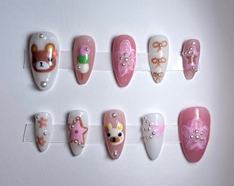 Rilakkuma Press On Nails: K-Pop Star en kersenbloesemnagels