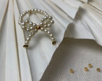 Stackable Bow Tie Ring Gold Pearl Ring Cute Ribbon Ring