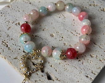 Colorful Beaded Bracelet Adjustable Size Quartz Bracelet for Her Birthday Gift Heart Pearl Bracelet
