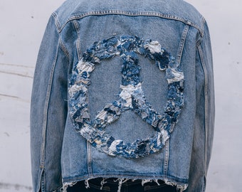 Upcycled Patchwork Peace Sign Denim Jacket