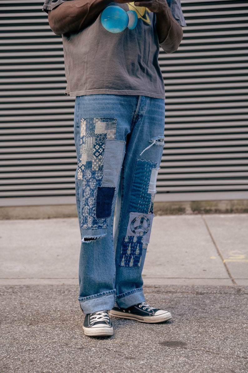 Upcycled Patchwork Peace Sign Denim Jeans image 3