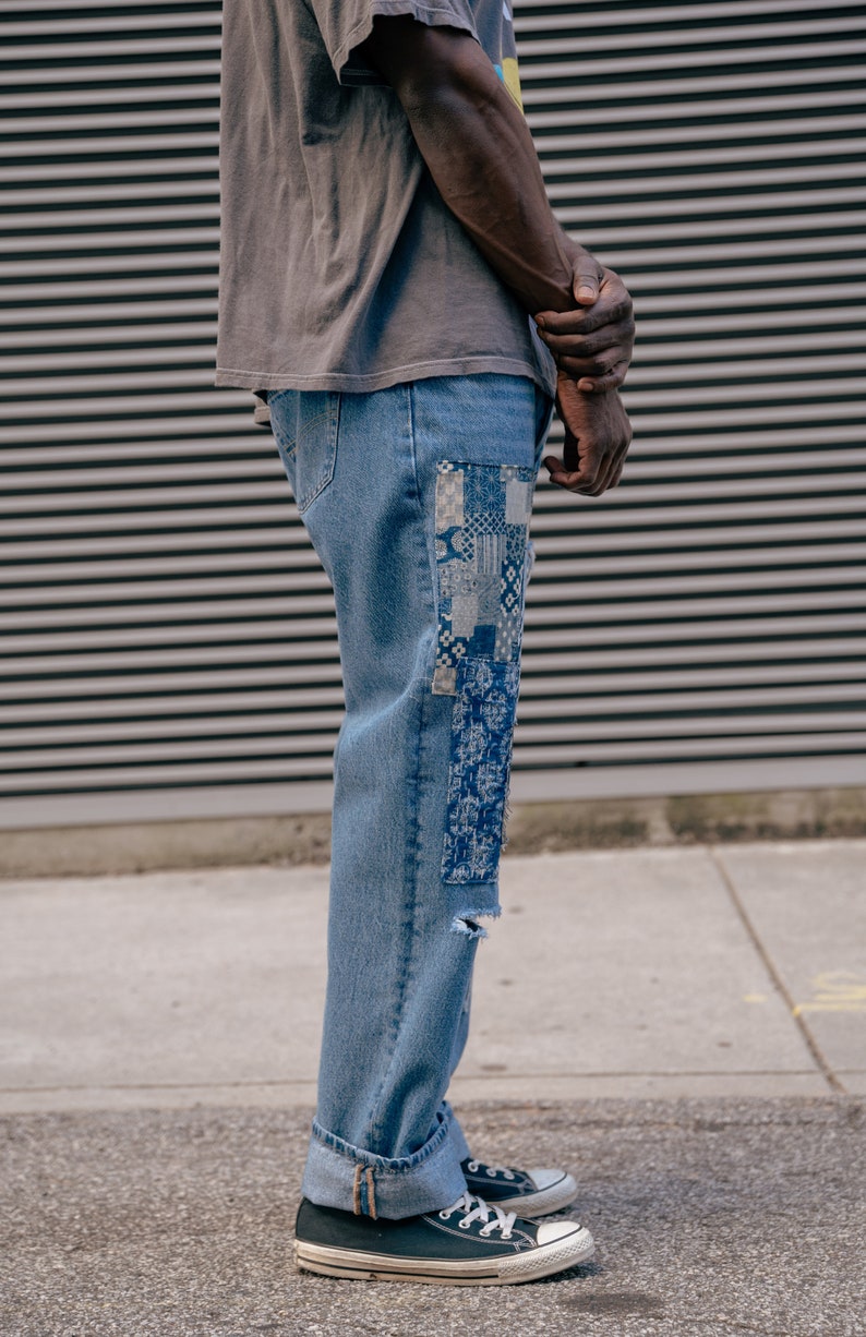 Upcycled Patchwork Peace Sign Denim Jeans image 2