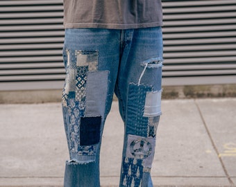 Upcycled Patchwork Peace Sign Denim Jeans