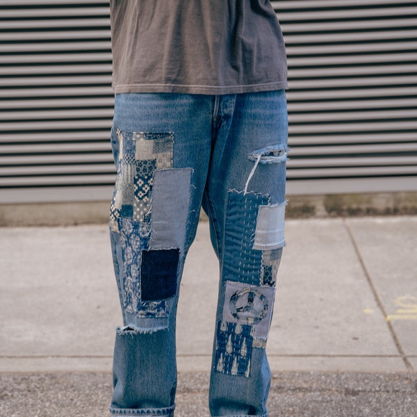 Upcycled Patchwork Peace Sign Denim Jeans