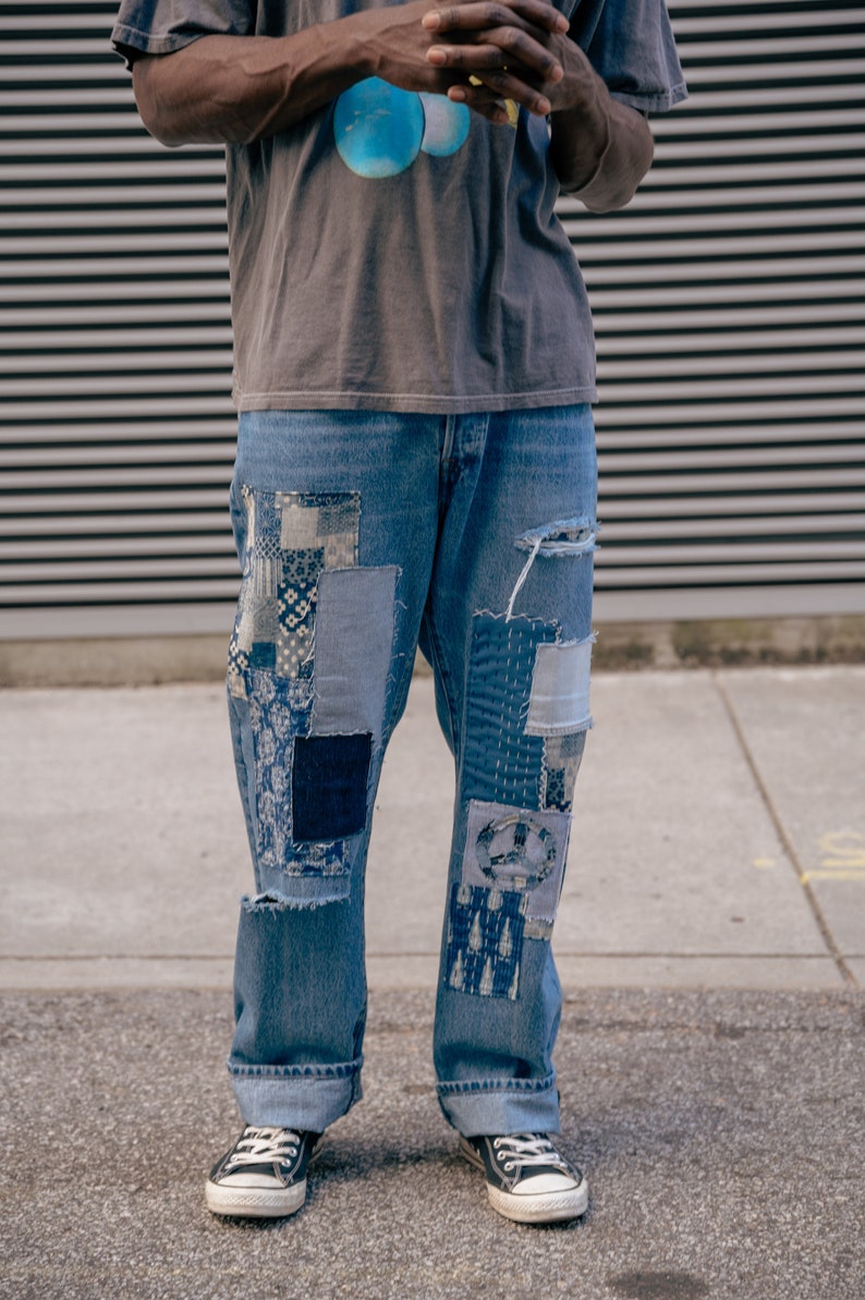 Upcycled Patchwork Peace Sign Denim Jeans image 1