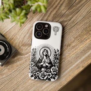 Jungfrau Maria Handyhülle mit Blumenmuster, robuste Hülle für Girly Teens, religiöses Geschenk, stilvolle Beschützerin, Kunstdekor für Smartphones