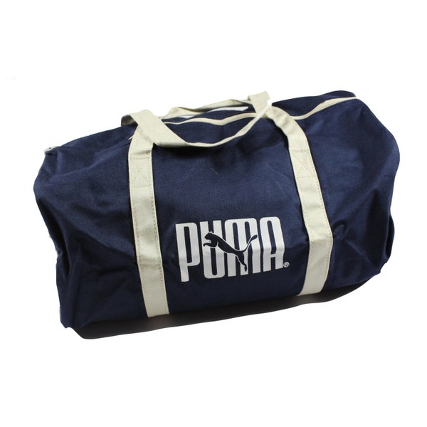 NOS Vintage 90s Puma Spell Out Duffle Duffel Bag Handled Gym Bag Navy Blue White, Vintage Puma Gym Bag, Vintage Weekender Bag, 1990 Puma