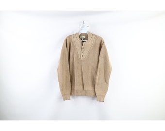 90s Cabelas Mens Size Medium Boxy Fit Cotton Knit Henley Sweater Beige, Cabelas Boxy Fit Sweater Beige, Mens Cotton Knit Henley Sweater