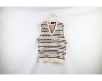 70 s Streetwear Mens Large Wool Blend Knit Fair Isle Nordic Sweater Vest, Streetwear Wool Blend Sweater Vest, Mens Fair Isle Sweater Vest