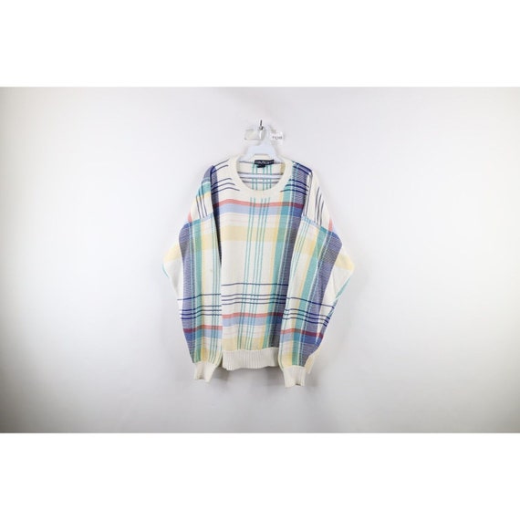 90s Nautica Mens XL Pastel Rainbow Plaid Cotton Kn