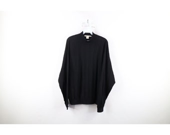 90s Streetwear Mens XL Striped Silk Blend Knit Mock Neck Sweater Black, Vintage Blank Silk Knit Sweater, 1990s Mock Neck Sweater, 90s Mens