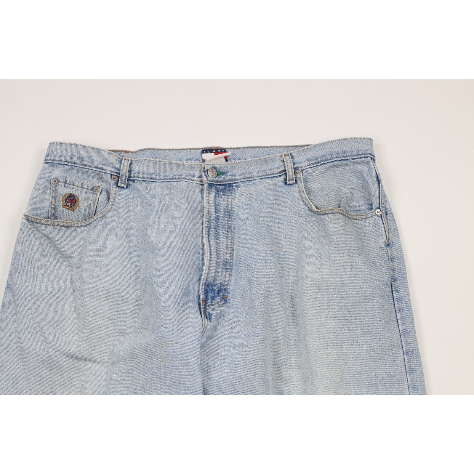 90s Tommy Hilfiger Mens 42x31 Thrashed Baggy Loose Fit Denim Jeans Blue