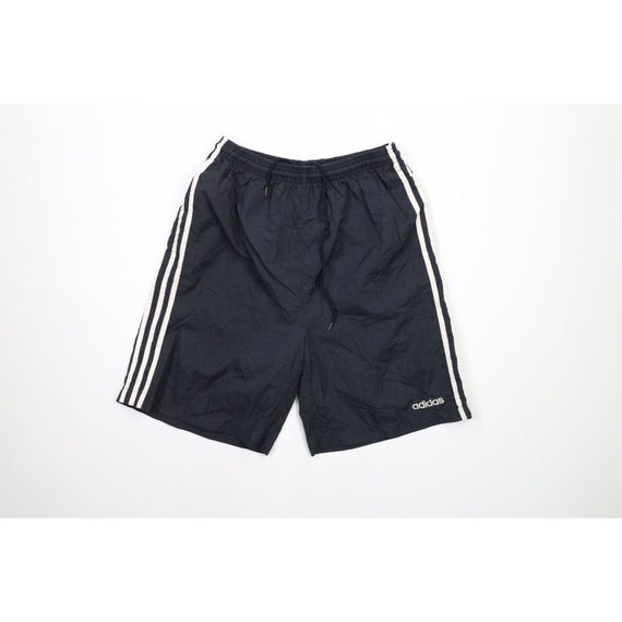 90s Adidas Mens Small Faded Spell Out Striped Nylon Soccer Shorts