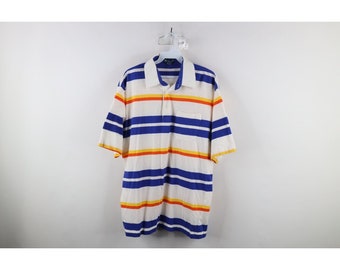 70er Streetwear Herren Großes Regenbogen Gestreiftes Poloshirt mit Farbblockkragen, Vintage Regenbogen Poloshirt, 1970er Gestreiftes Poloshirt, Vintage