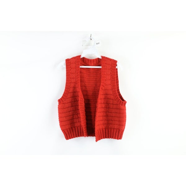 50s 60s Rockabilly Womens Small Hand Knit Open Front Sweater Vest Orange, Vintage Womens Sweater Vest, 1950s Sweater Vest, 1960s Knit Vest