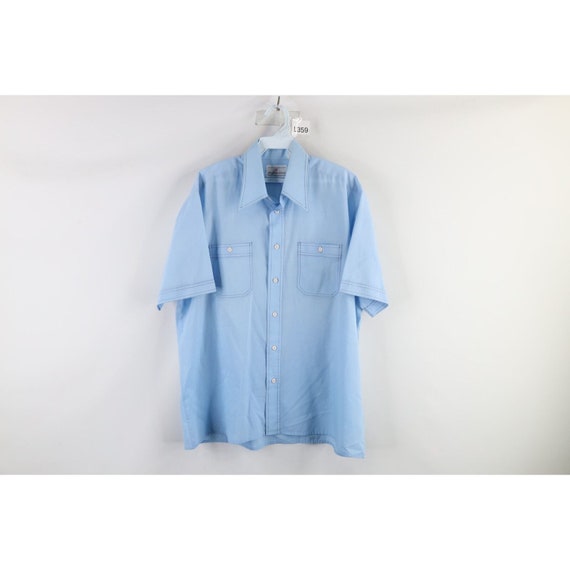 60s Macys hombres gran cuello puro manga corta boton camisa azul claro vintage hombres boton camisa camisa rockabilly de la decada de 1960 camisa