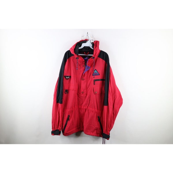 90s Streetwear Mens Large Hooded Half Zip Pullover Anorak Jacket Red, Vintage Anorak Jacket, 1990s Half Zip Jacket, 90s Mens Anorak Jacket