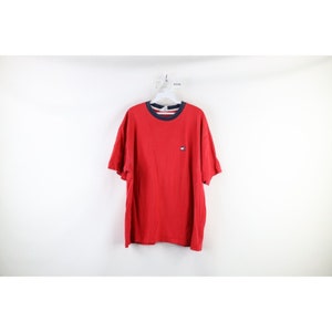 Anni '90 Tommy Hilfiger Uomo 2XL Faded Spell Out Box Logo T-shirt Rossa USA, T-shirt Tommy Hilfiger vintage, T-shirt vintage da uomo, Tommy Tee degli anni '90