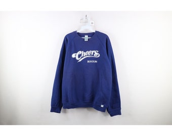 80s Mens XL Distressed Spell Out Script Cheers Boston Sweatshirt Blue USA, Vintage Cheers Boston Sweatshirt, 1980s Cheers Sweatshirt, 1980s