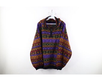 Des années 90 Streetwear Womens XL arc-en-ciel Fair Isle tricot demi-zip à capuche pull, sweat à capuche en tricot pour femmes vintage, pull à capuche des années 1990, sweat à capuche Fair Isle