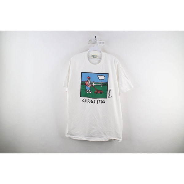 90s Grimm Comics Mens Large Slow Mo Lawn Mowing Short Sleeve T-Shirt, Vintage Grimm Comics T-Shirt, 1990s Lawn Mowing T-Shirt, 90s Comic Tee