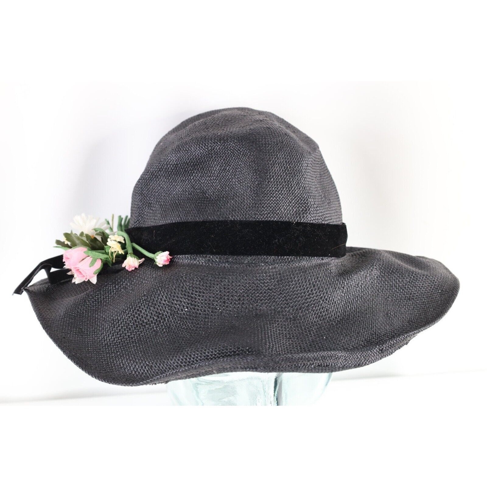 60s 70s Streetwear Distressed Flower Straw Floppy Brim Sun Hat Black, Streetwear Distressed Sun Hat Black, Flower Straw Floppy Brim Hat