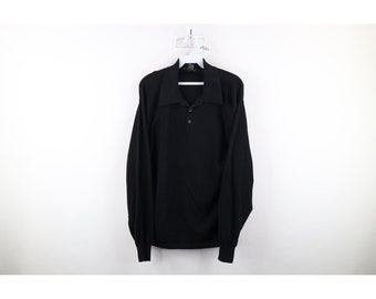 90s Streetwear Mens Large Blank Silk Blend Knit Collared Polo Shirt Black, Vintage Silk Polo Shirt, 1990s Knit Polo Shirt, Vintage Knit Polo
