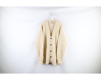 90s LL Bean Mens LT Donegal Wool Fisherman Cable Knit Cardigan Sweater, Vintage Mens Cable Knit Sweater, 1990s Chunky Knit Cardigan Sweater