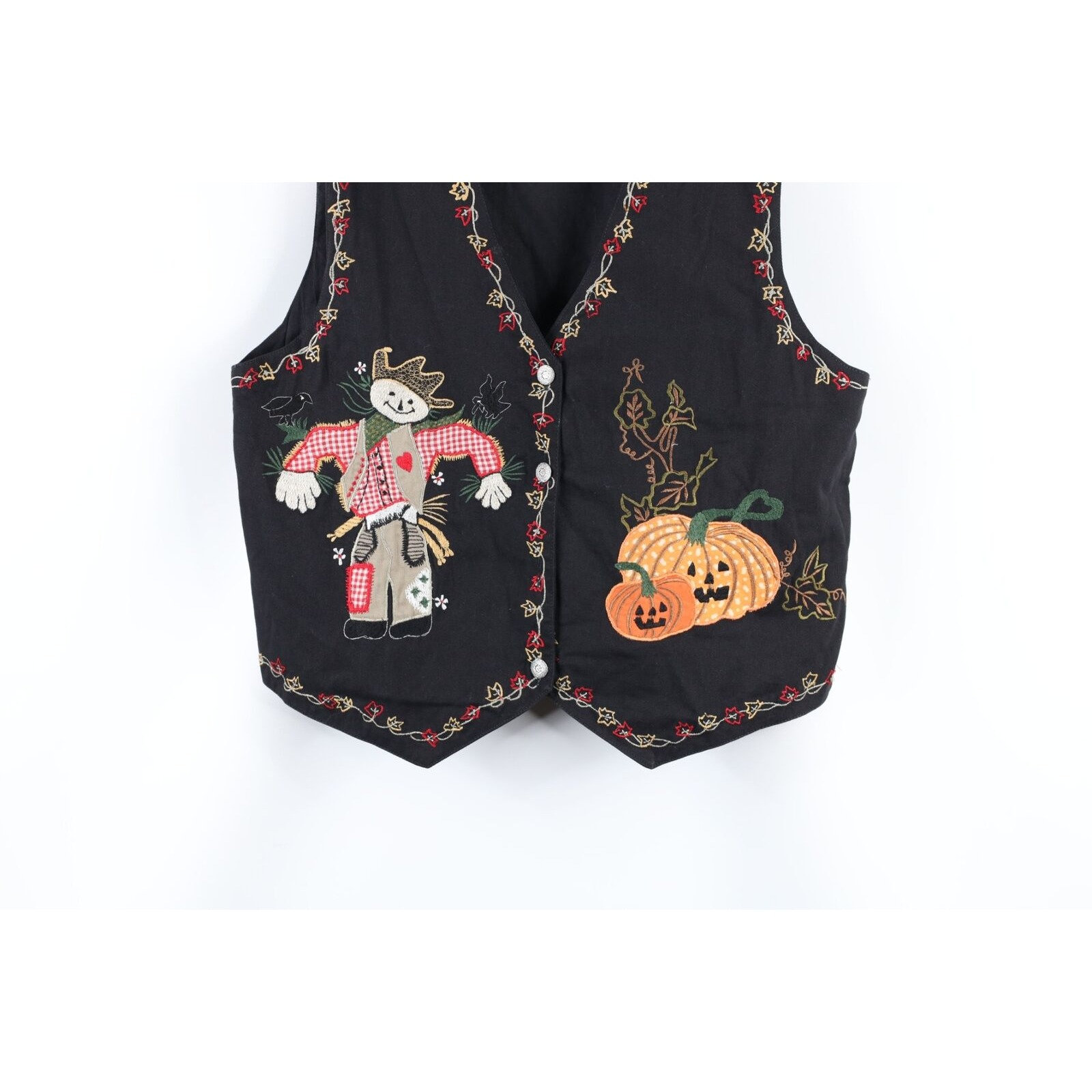 90s Streetwear Womens Large Halloween Scarecrow Pumpkin Button Vest ...