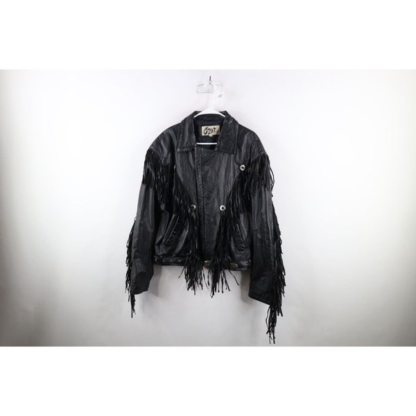 90s Streetwear Womens XL Western Belted Leather Fringed Jacket Black, Vintage Belted Leather Jacket, 1990s Western Jacket, Fringed Leather