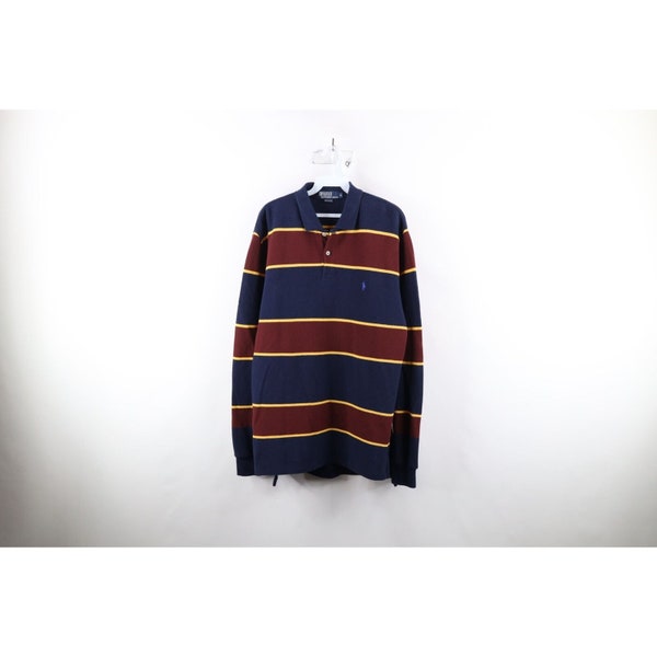 90s Ralph Lauren Mens Medium Striped Thermal Knit Long Sleeve Rugby Polo, Vintage Thermal Knit Rugby Polo, Vintage Ralph Lauren Polo Shirt