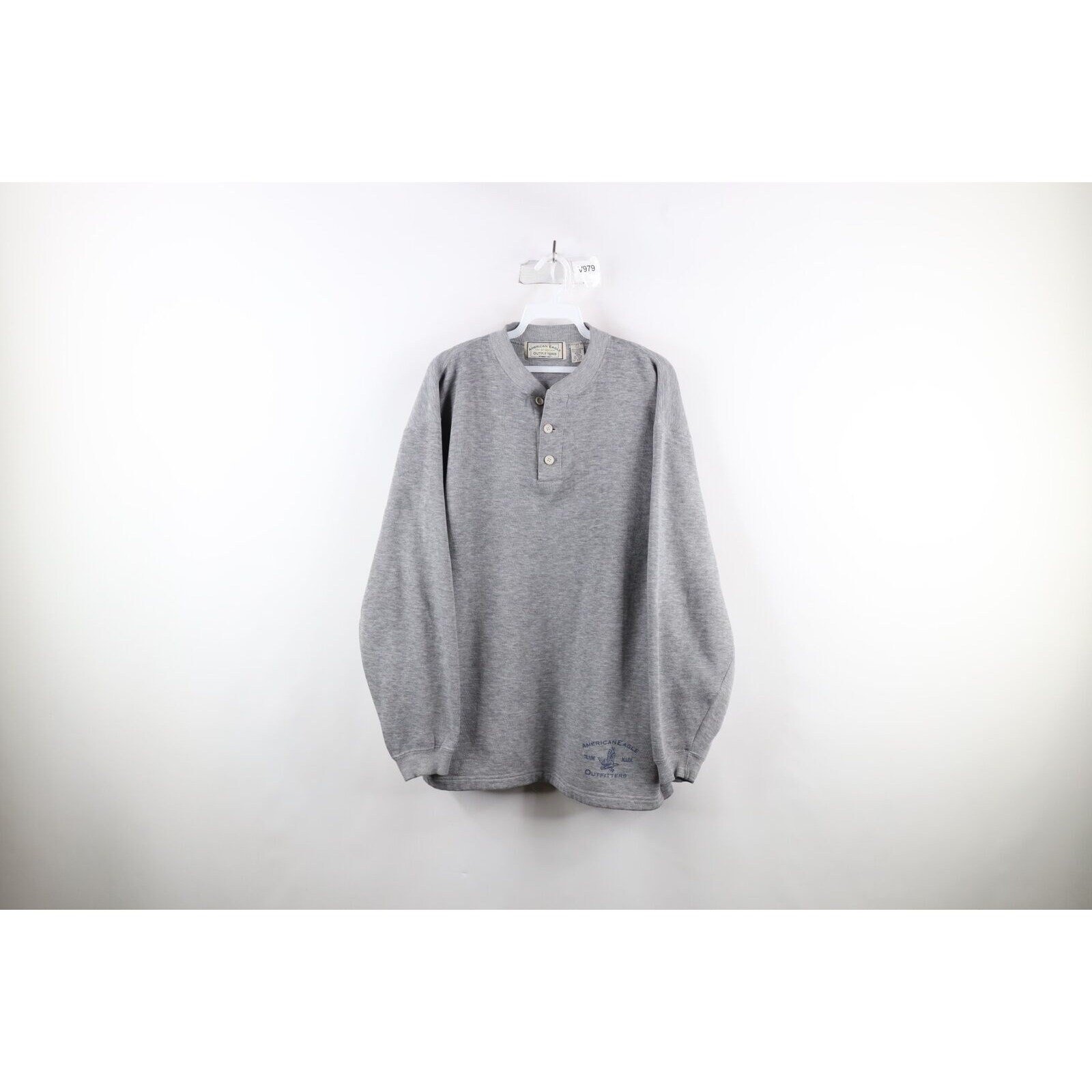 90s American Eagle Outfitters Mens Large Spell Out Henley Sweatshirt Gray, Vintage American Eagle Sweatshirt, 1990s Henley Sweatshirt, AEO