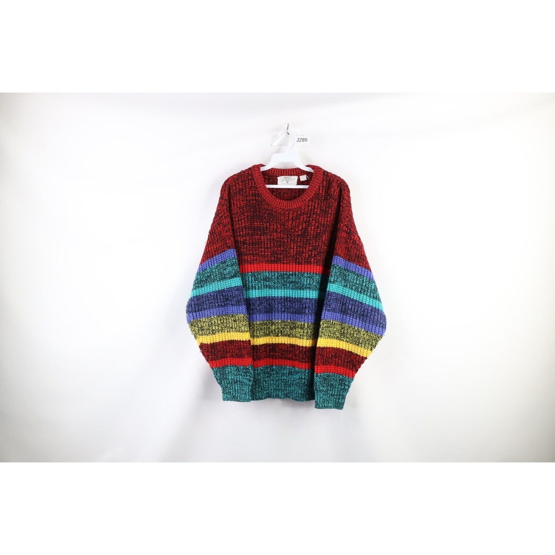90s Streetwear Mens Large Rainbow Striped Chunky Ribbed Knit