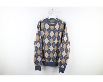 70s Streetwear hombres mezcla de lana media punto Argyle Diamond Crewneck suéter, suéter de punto Argyle de la década de 1970, suéter de punto de lana de la década de 1970, hombres vintage