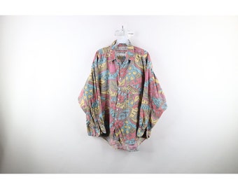 90s Streetwear Mens Medium Faded Abstract Rainbow Baggy Fit Button Shirt, Vintage Rainbow Baggy Fit Shirt, 1990s Mens Button Shirt, 90s Mens