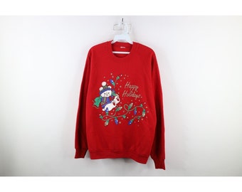 90er Jahre Damen Größe L Distressed Weihnachten Bär Lichter Sweatshirt Rot, Vintage Weihnachten Sweatshirt, 1990er Jahre Bär Sweatshirt, 90er Jahre Sweatshirt