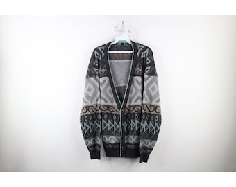 Pull cardigan en tricot abstrait Ed Bassmaster Style Coogi pour homme des années 90, pull cardigan papy vintage, pull en tricot des années 1990, homme vintage