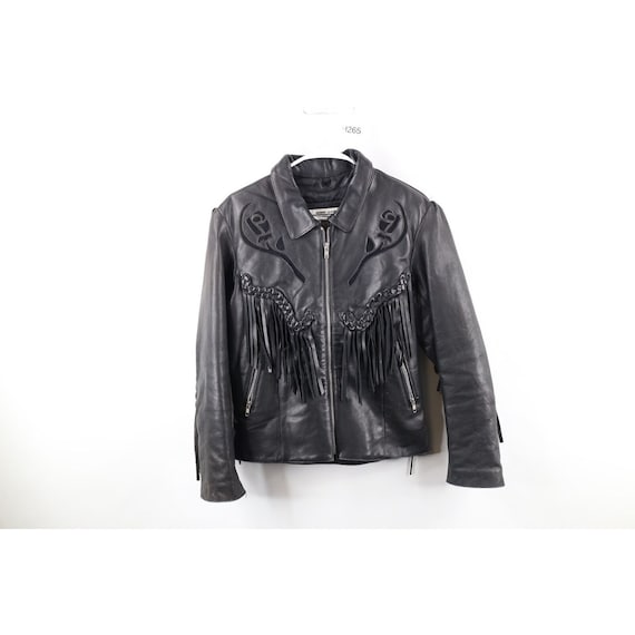 90s Streetwear Womens 14 Rose Flower Fringed Leather Motorcycle 