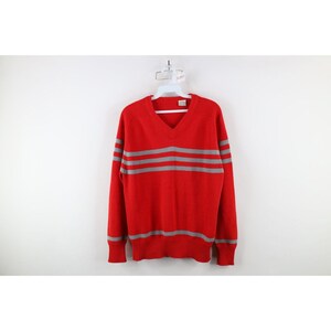 70s Streetwear Mens Medium Striped Color Block Knit V-Neck Sweater Red, Vintage Striped Knit Sweater, 1970s V-Neck Sweater, Vintage Sweater
