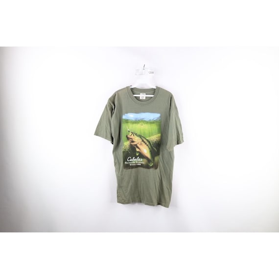 80s Cabelas Mens Large Faded Spell Out Bass Fishing T-shirt Olive